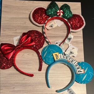 Disney Red and Green Sequin Minnie Ears and Blue Disneyland Ears
